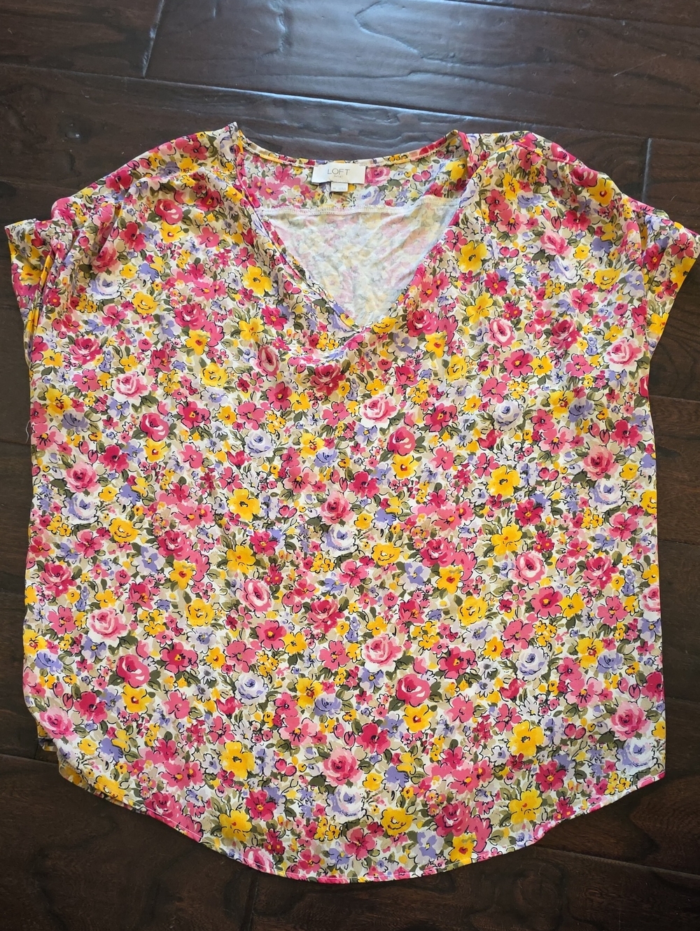 LOFT Floral V-Neck Cap Sleeve Blouse - Pink, Yellow & Purple